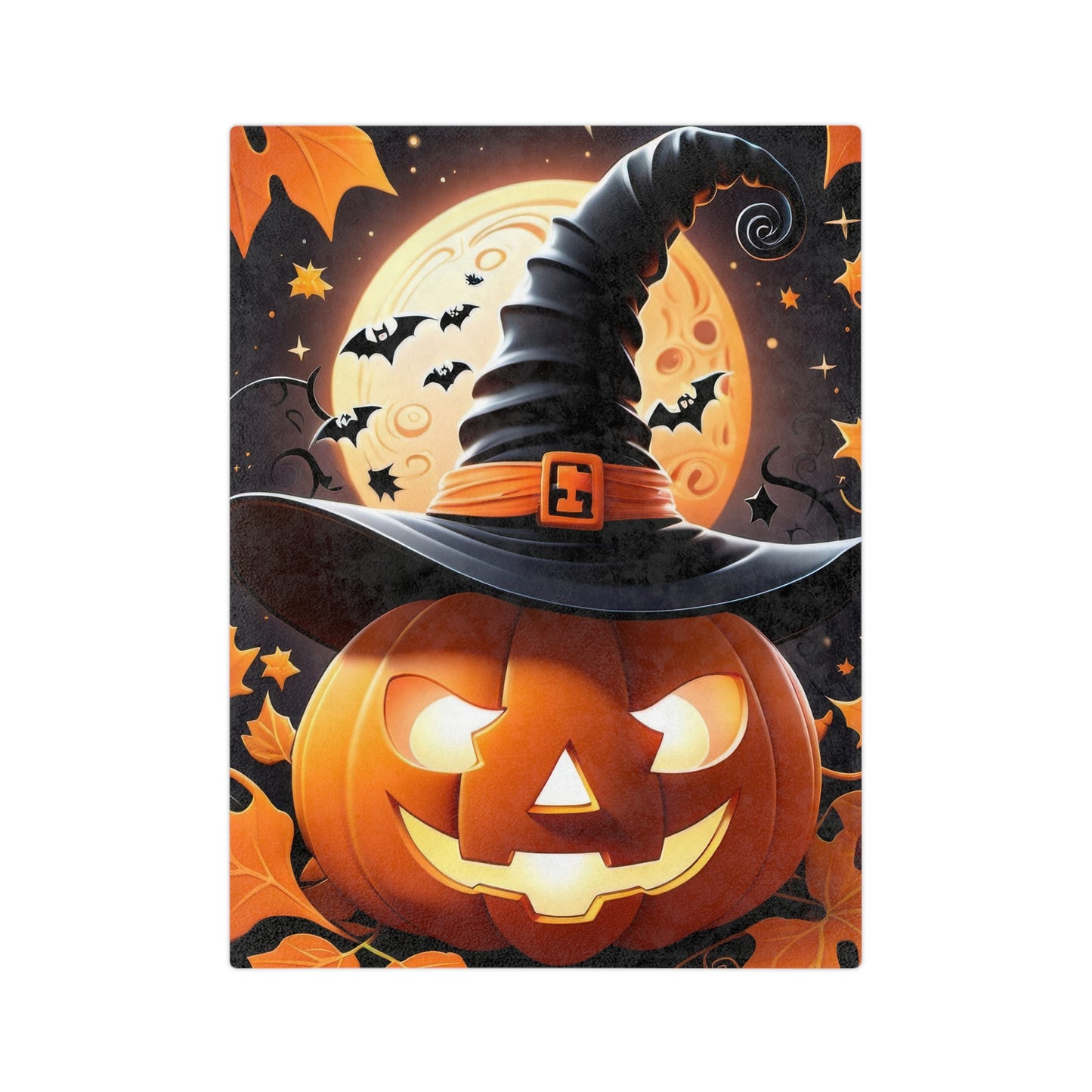 Halloween blanket with a glowing jack-o'-lantern wearing a witch hat, full moon, bats, and autumn leaves, spooky fall decor.

