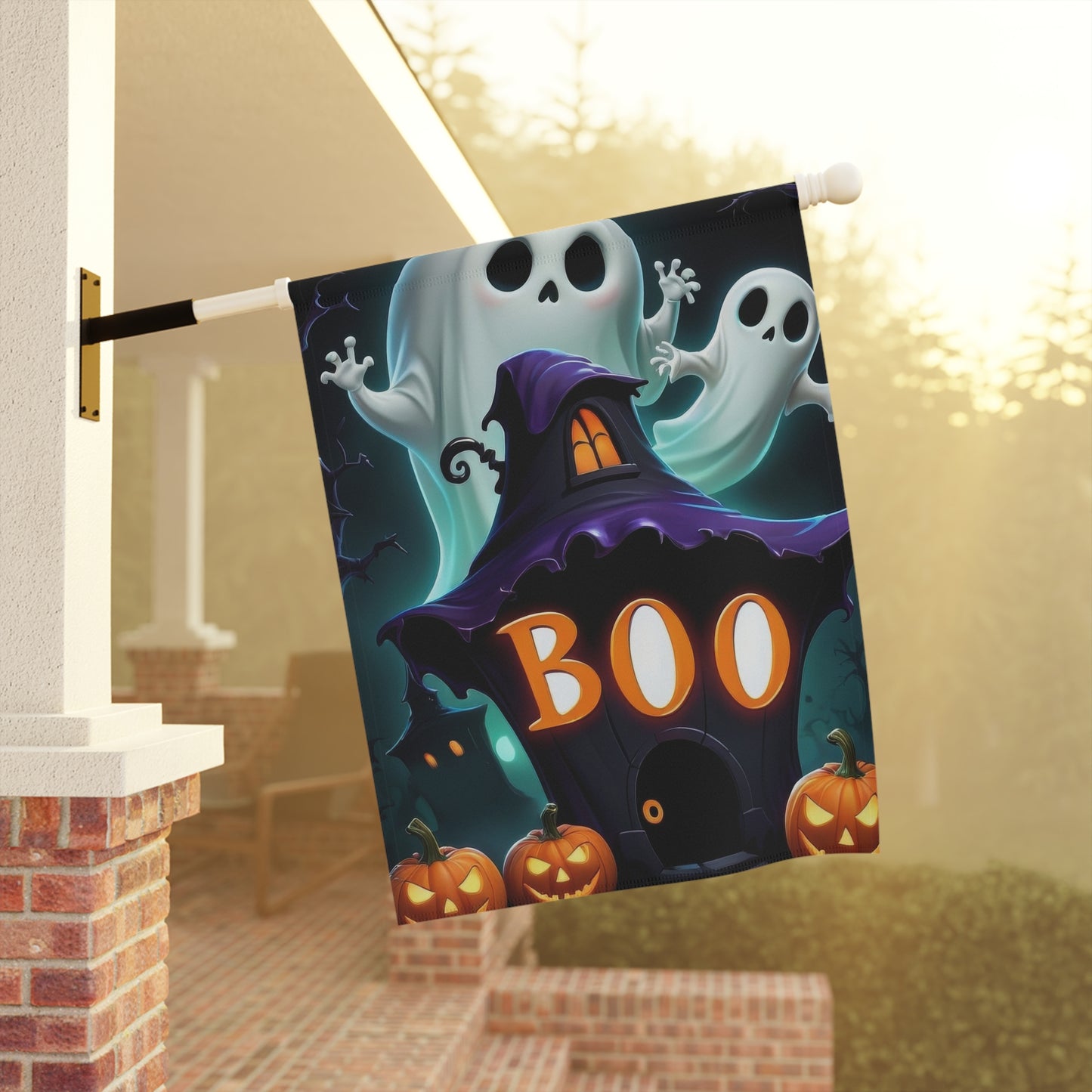 BOO Halloween Garden Flag with Ghosts and Pumpkins