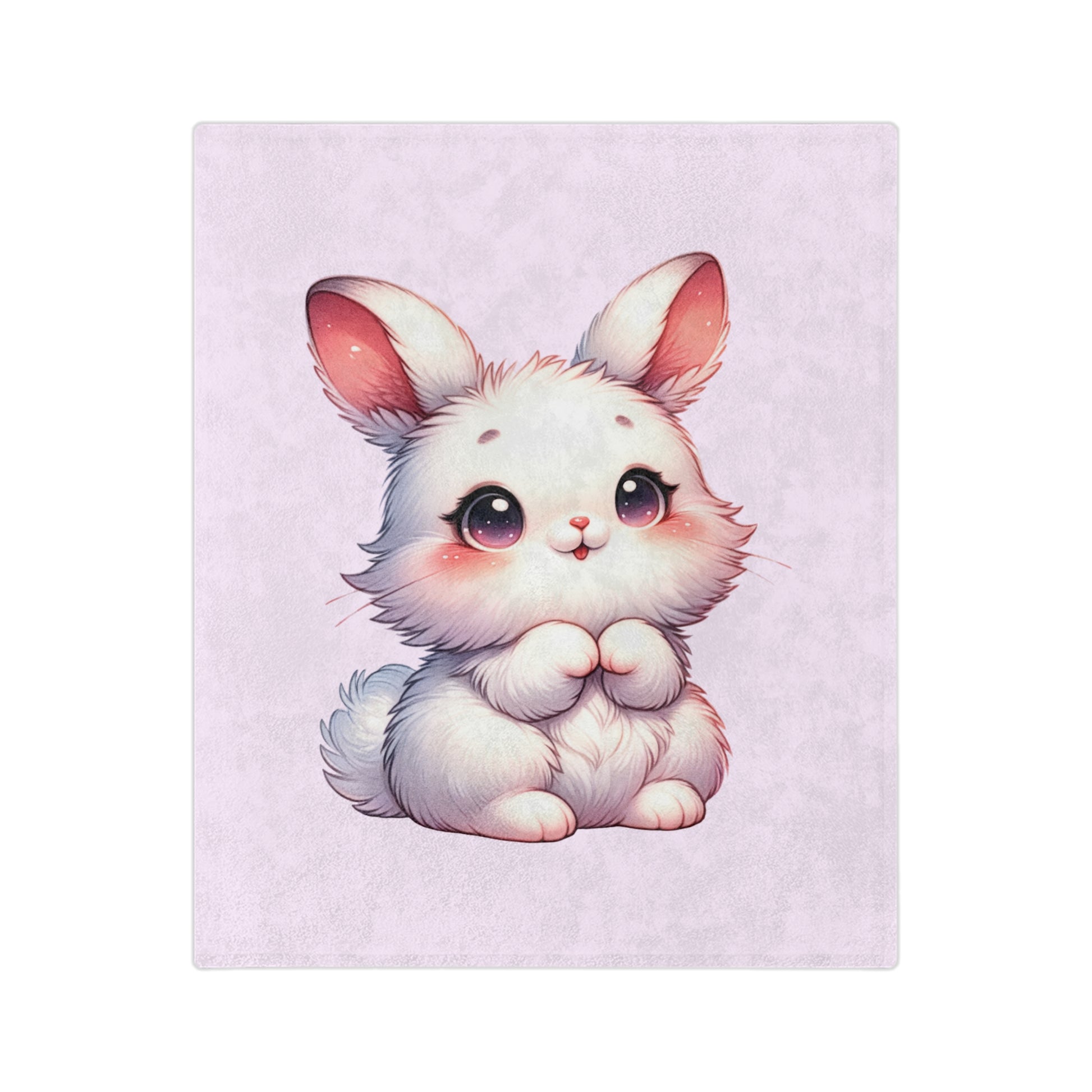 Lightweight velveteen blanket with a printed design of an adorable white kawaii-style bunny with big eyes and pink cheeks on a light pink background.