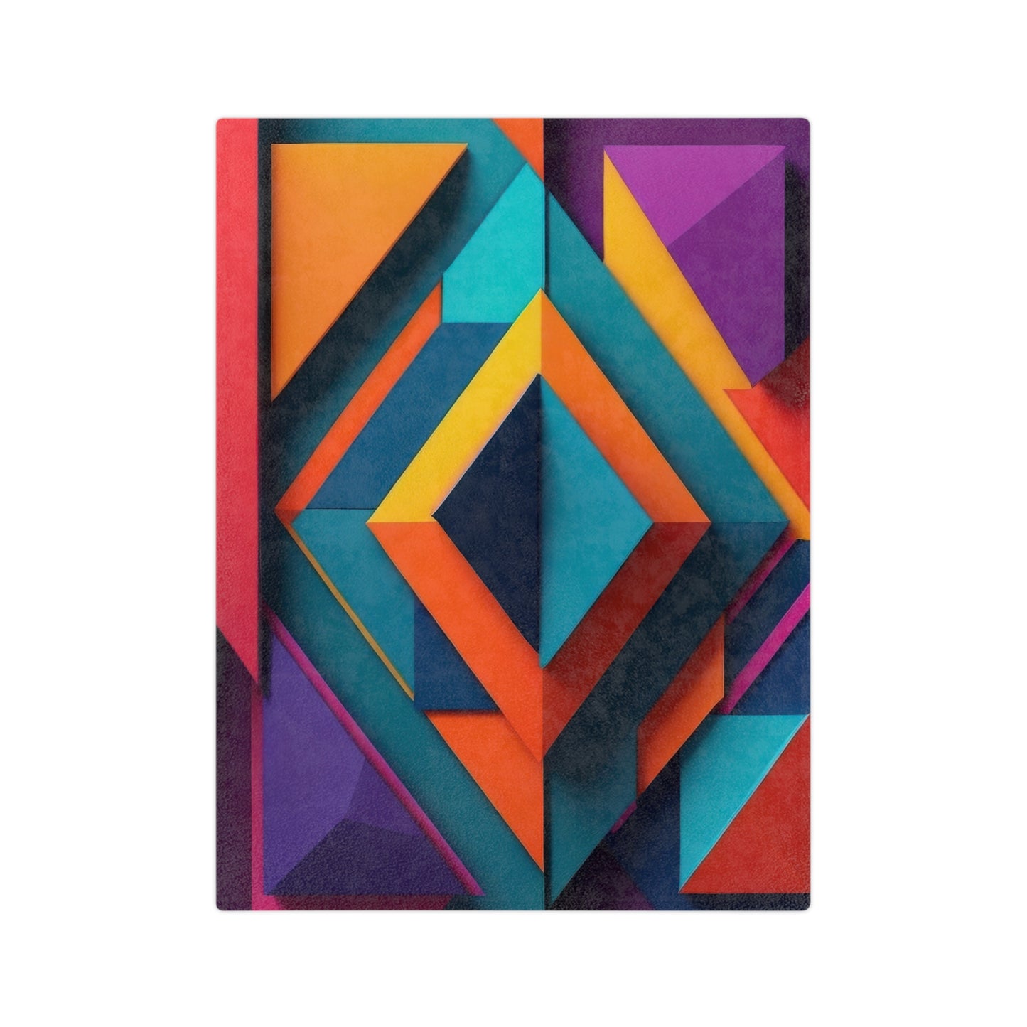 A vibrant velveteen blanket with an abstract geometric design of layered squares and triangles in teal, orange, purple, and blue.