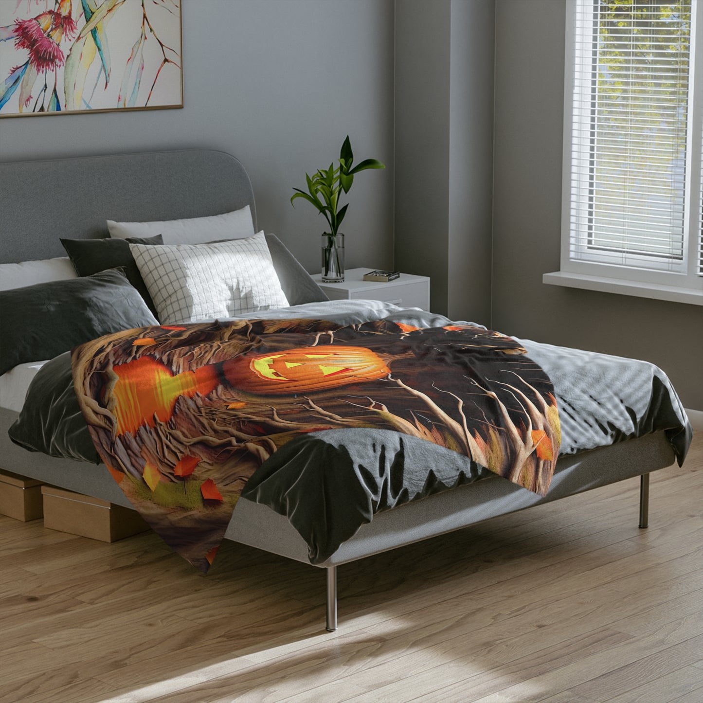 Glowing Jack-o'-Lantern in Spooky Tree Hollow Halloween Blanket