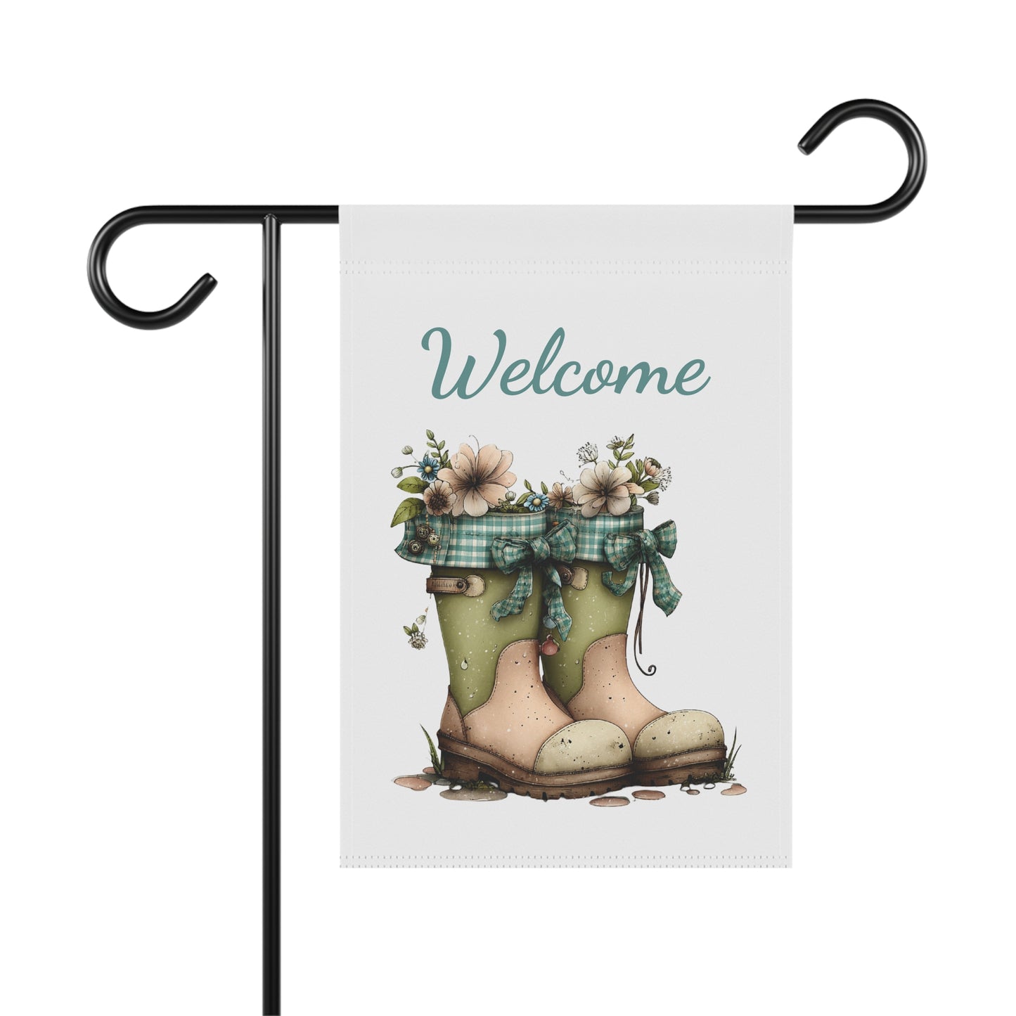 Garden flag on a black metal stand printed with teal script Welcome text above a pair of garden boots filled with flowers