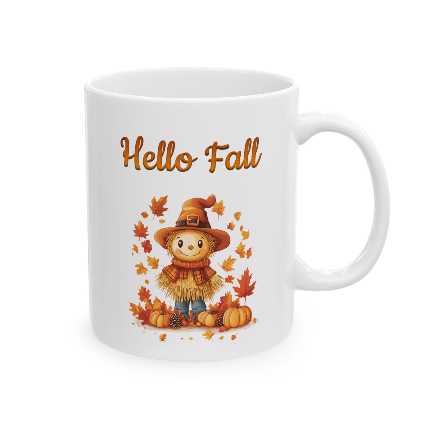 White ceramic coffee mug with a cute cartoon scarecrow surrounded by pumpkins and fall leaves, and the text "Hello Fall."

