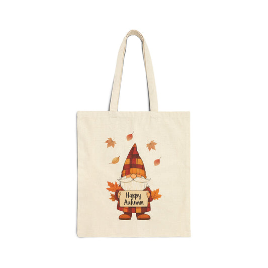 Canvas tote bag with a plaid gnome holding a "Happy Autumn" sign