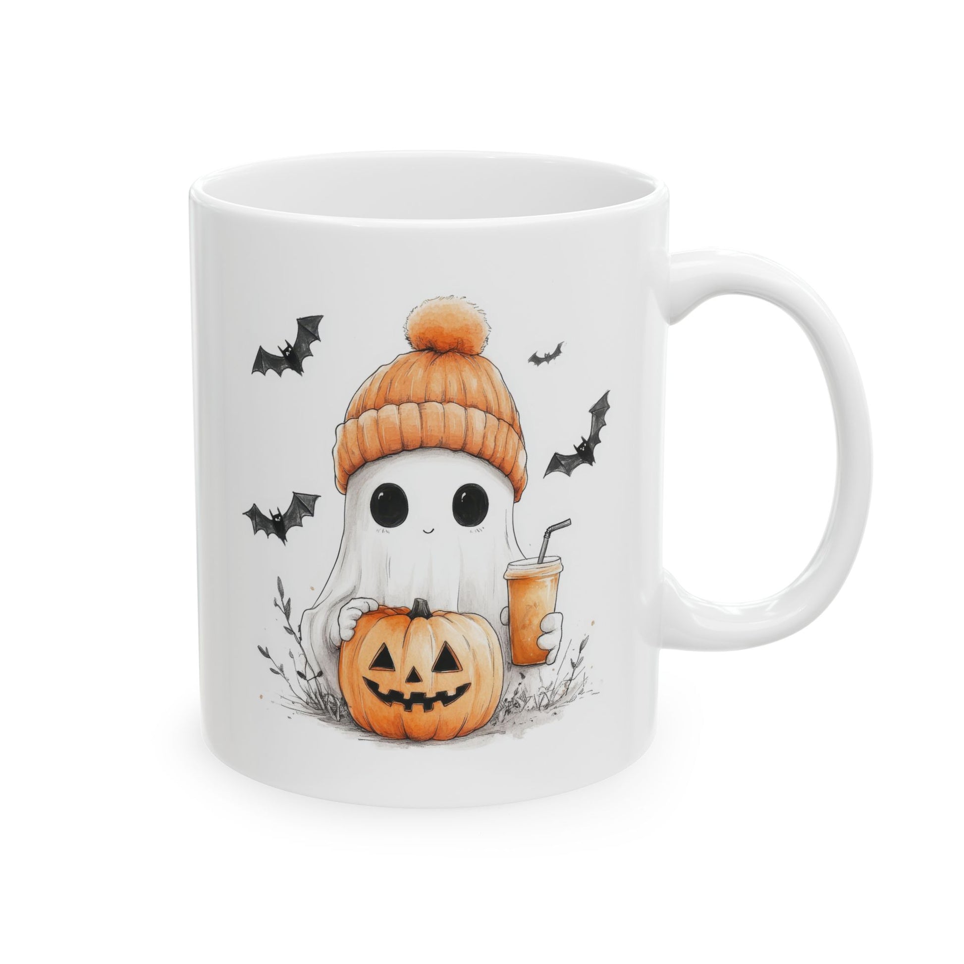 White ceramic coffee mug with a cute cartoon ghost wearing an orange knit beanie, holding a carved orange pumpkin and a light orange drink cup, with black bat silhouettes flying around