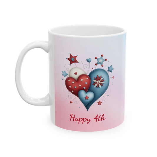 Festive Red, White & Blue Hearts Ceramic Mug