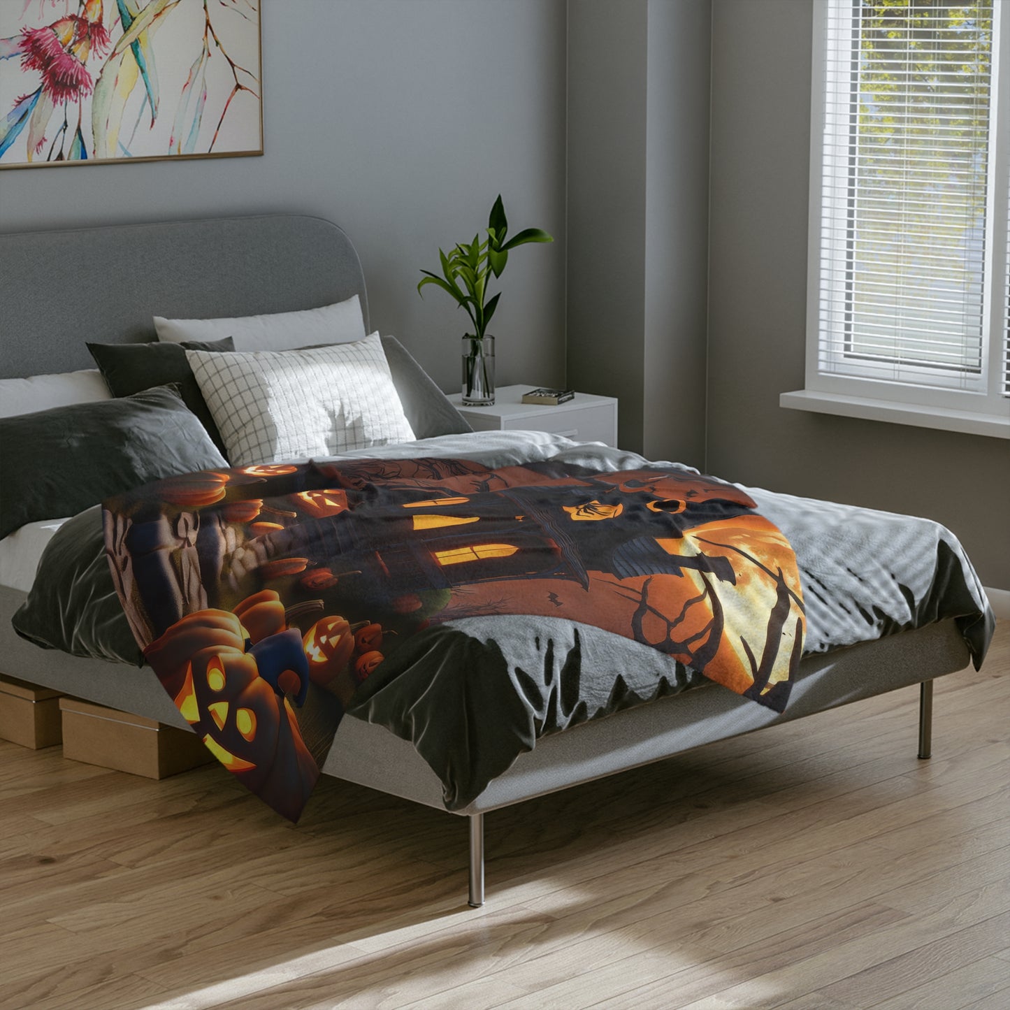 Spooky Spider Haunted House Halloween Plush Blanket
