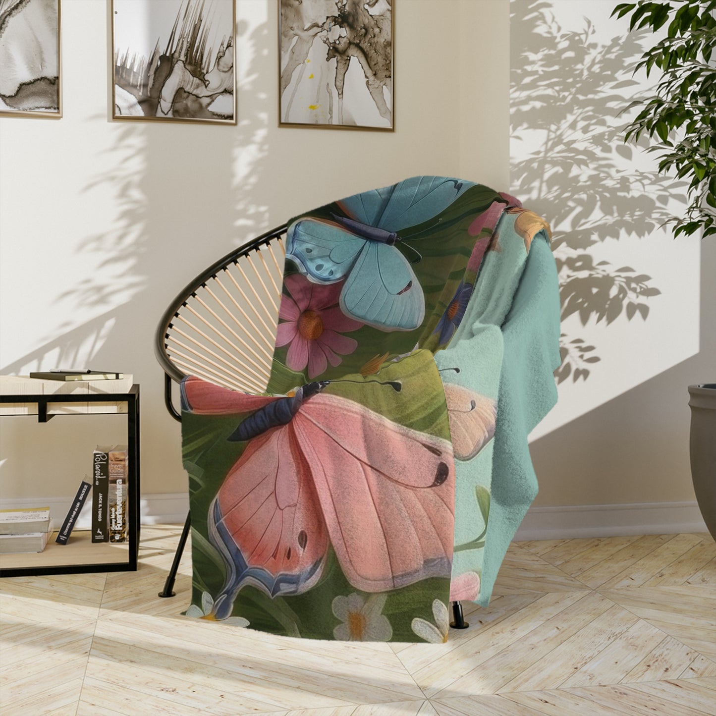 Whimsical Butterfly & Spring Flowers Velveteen Blanket