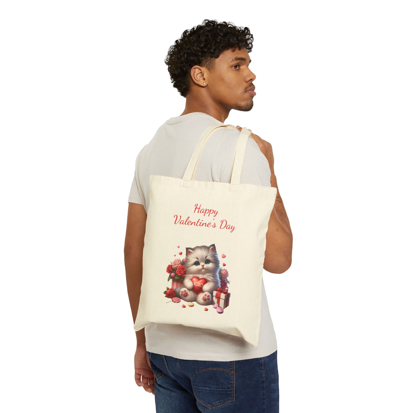 "Happy Valentine's Day" Cute Kitten Canvas Tote Bag