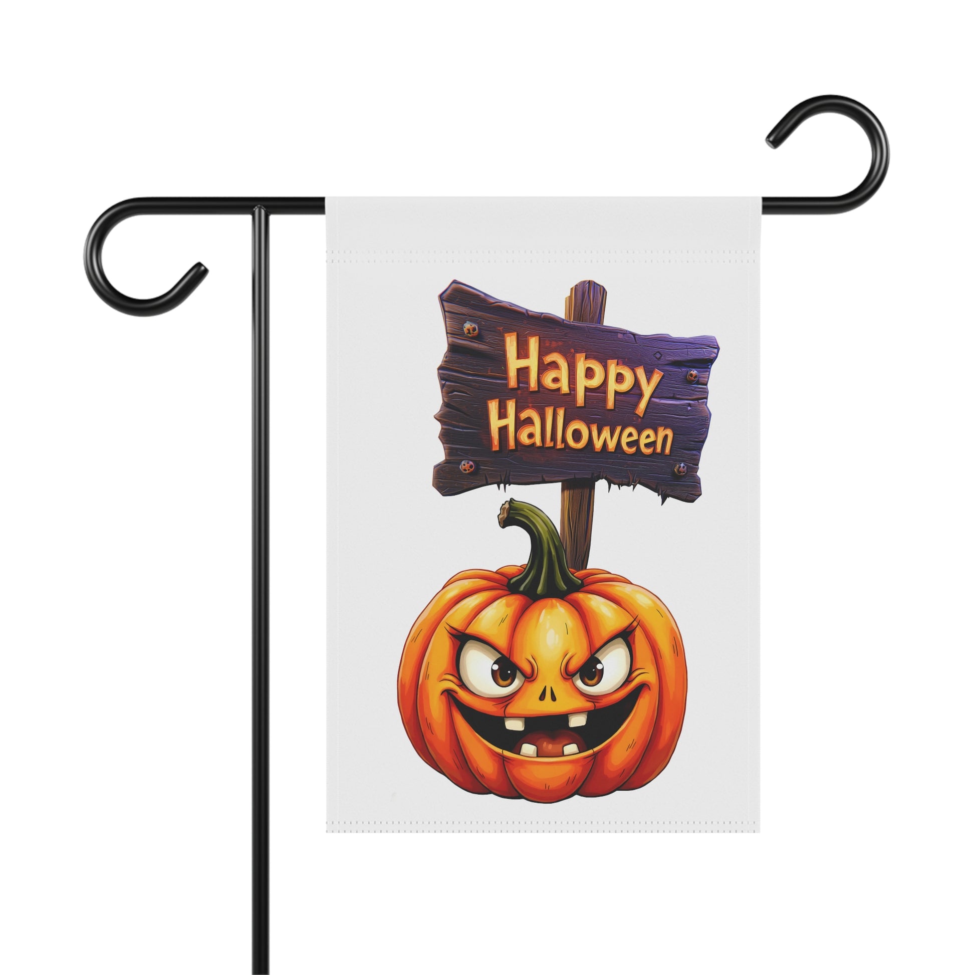 “Happy Halloween garden flag featuring an angry cartoon pumpkin with a wooden sign – spooky outdoor decoration”
