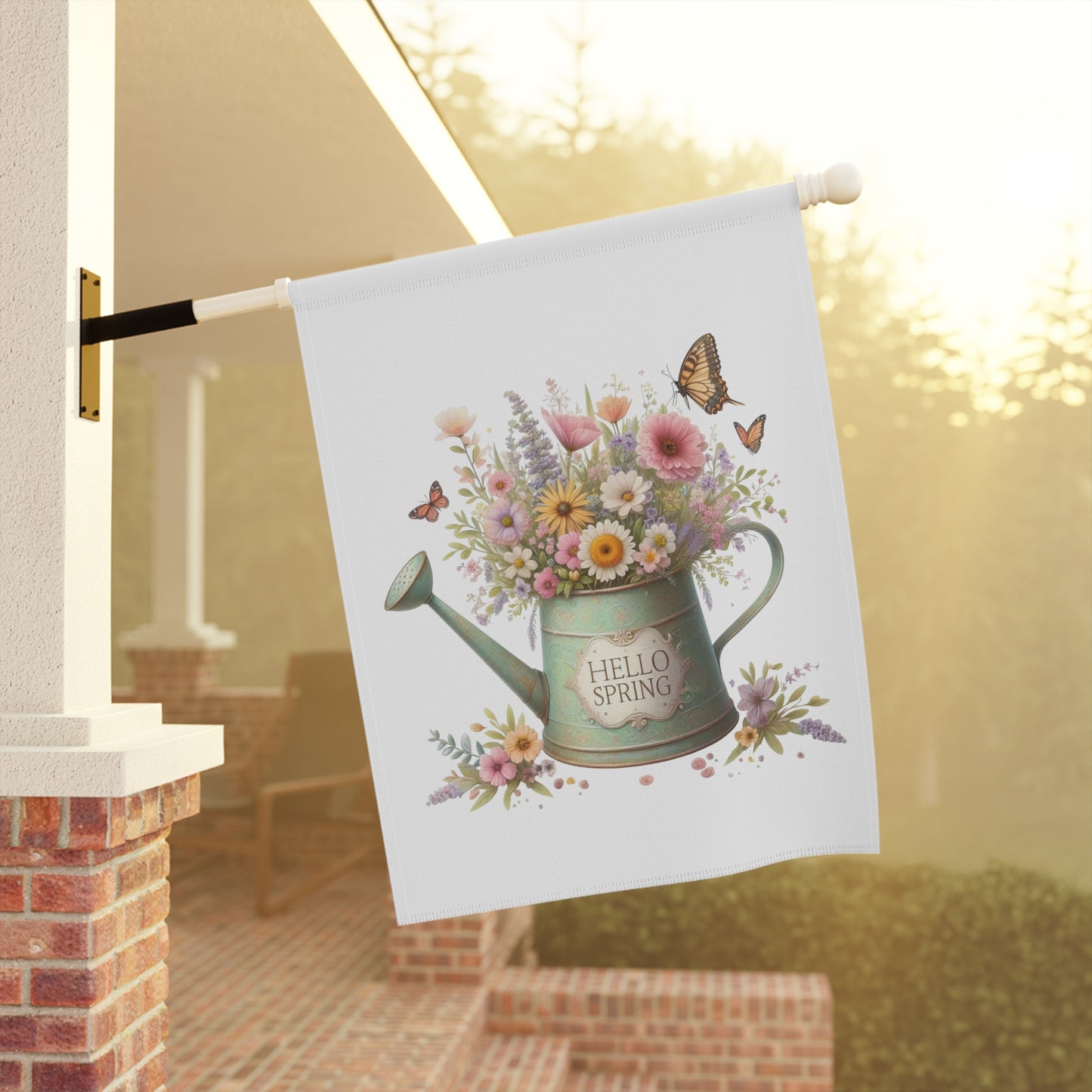 "Hello Spring" Watering Can Garden Flag with Floral Bouquet