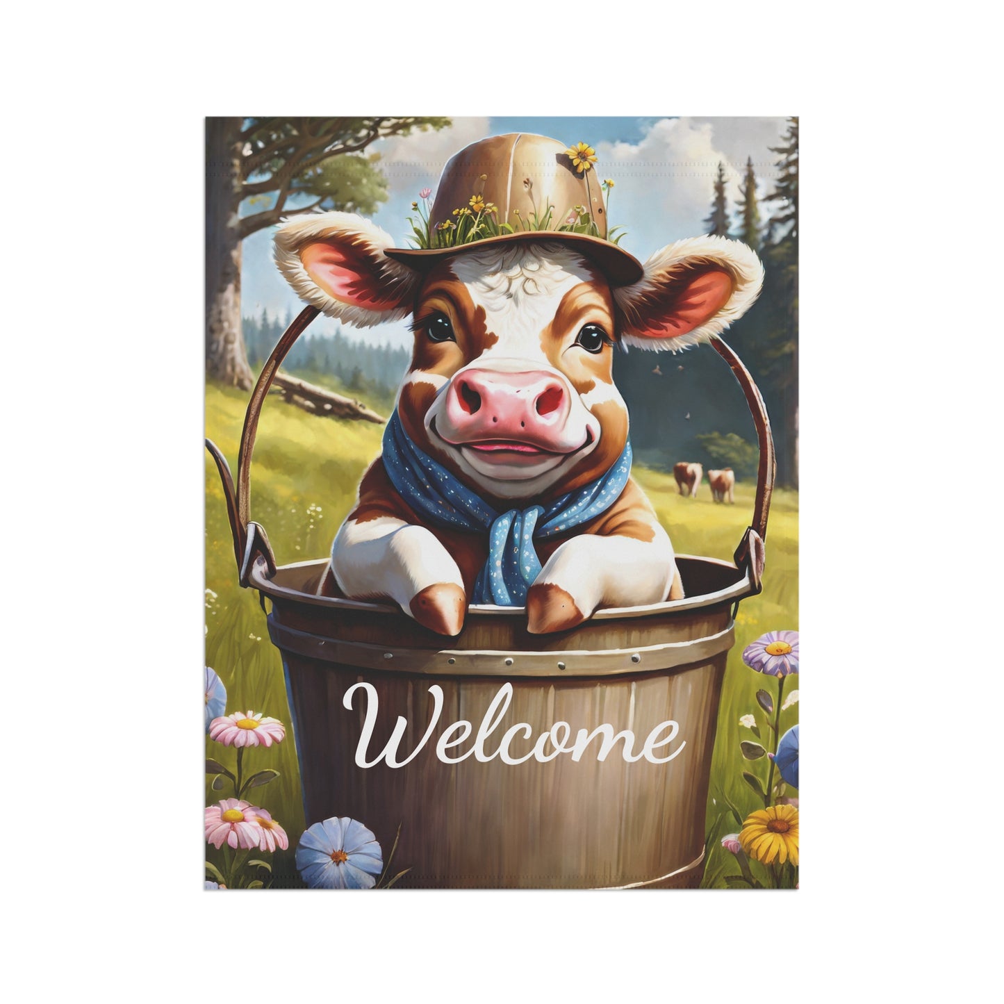 Welcome Garden Flag with Cute Cow in Bucket