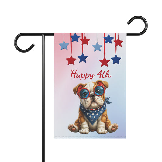 Happy 4th of July garden flag with a cool bulldog wearing blue sunglasses and a patriotic bandana, with hanging red and blue stars, summer outdoor decor.

