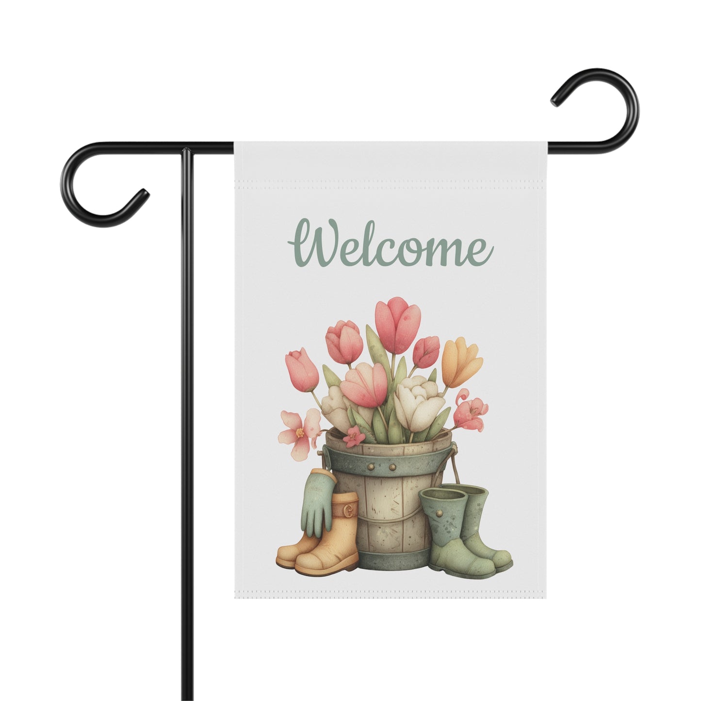 Pastel tulips in a wooden bucket with rain boots and gardening gloves below Welcome Spring text on a white garden flag, Outdoor spring garden flag on a metal stand featuring tulip bucket and rain boots artwork with Welcome Spring lettering, Floral tulip Welcome Spring yard flag for outdoor front porch and garden decor