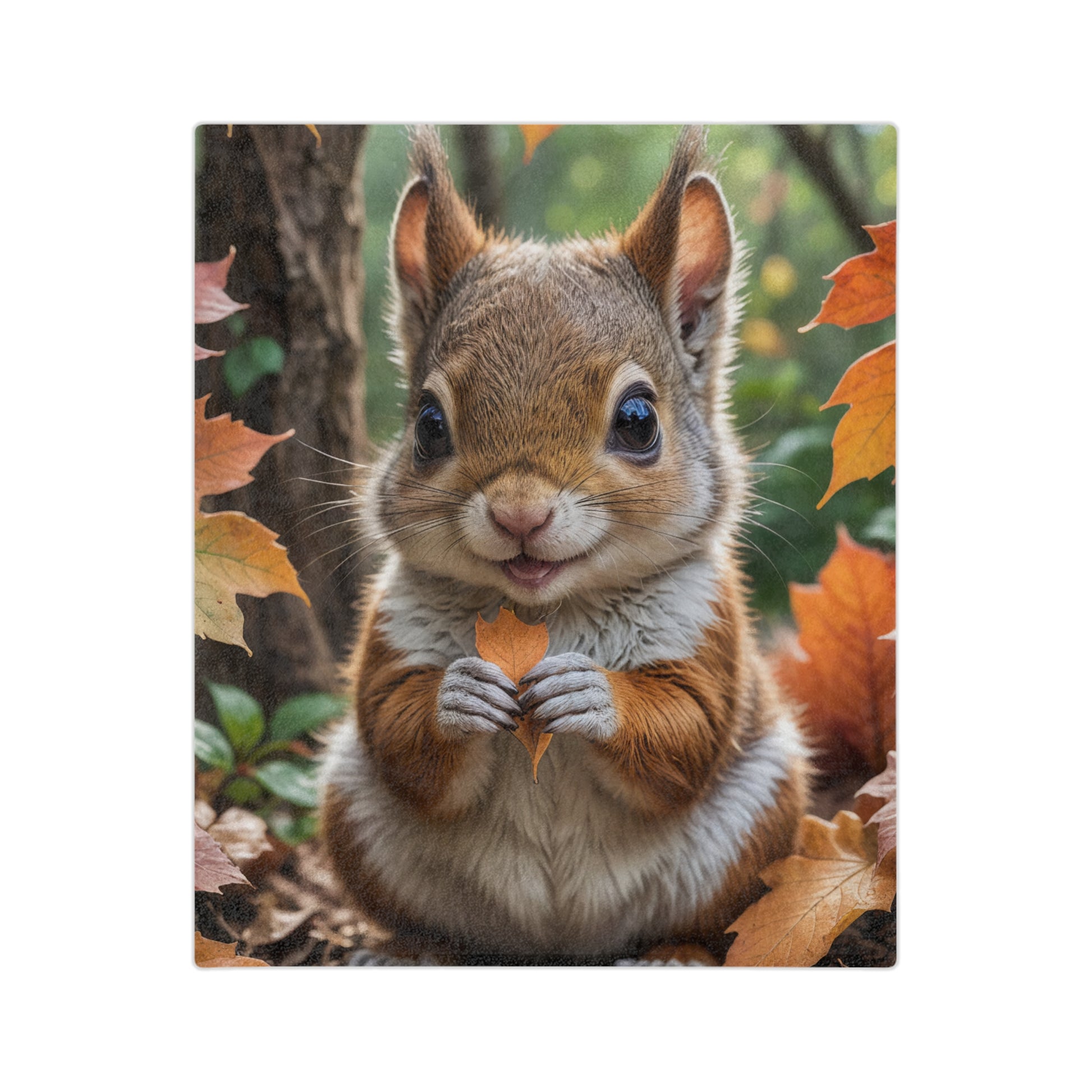 Velveteen blanket with a very cute and fluffy baby squirrel with large eyes, holding a small orange autumn leaf, surrounded by fall foliage.

