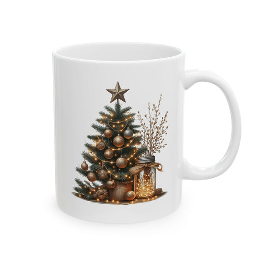 White ceramic coffee mug printed with a rustic tabletop Christmas tree topped with a wooden star next to a mason jar filled with fairy lights