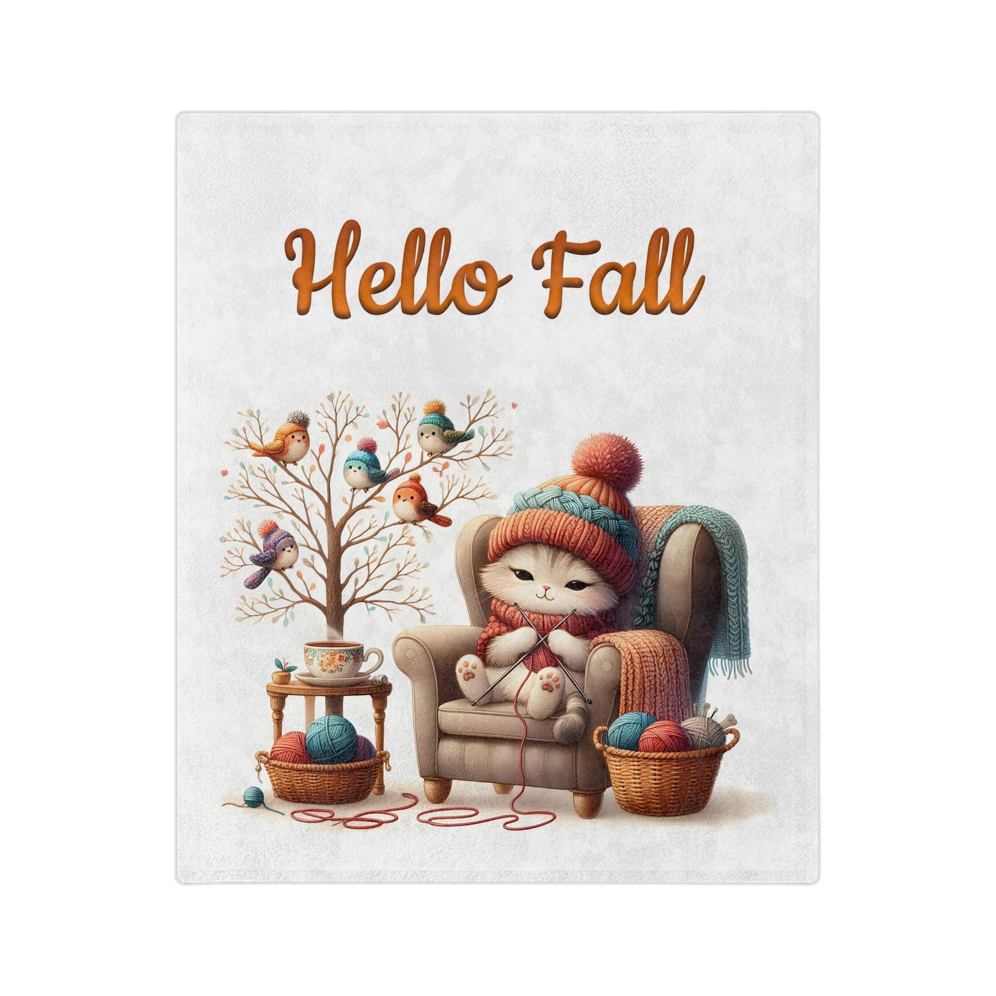 White velveteen blanket with a cozy autumn illustration of a cute cat knitting in an armchair, with birds in hats on a bare tree, and the words "Hello Fall" in orange script text above the scene.

