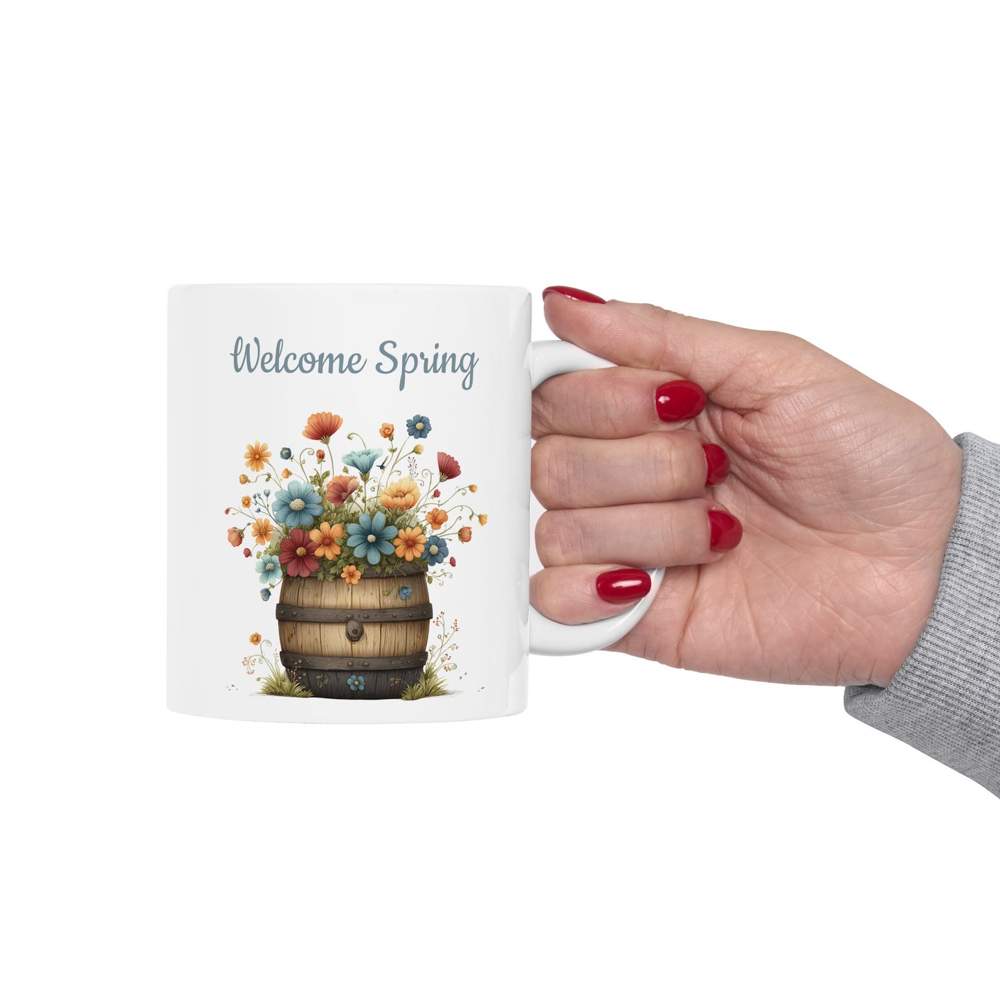 Welcome Spring Floral Barrel Mug