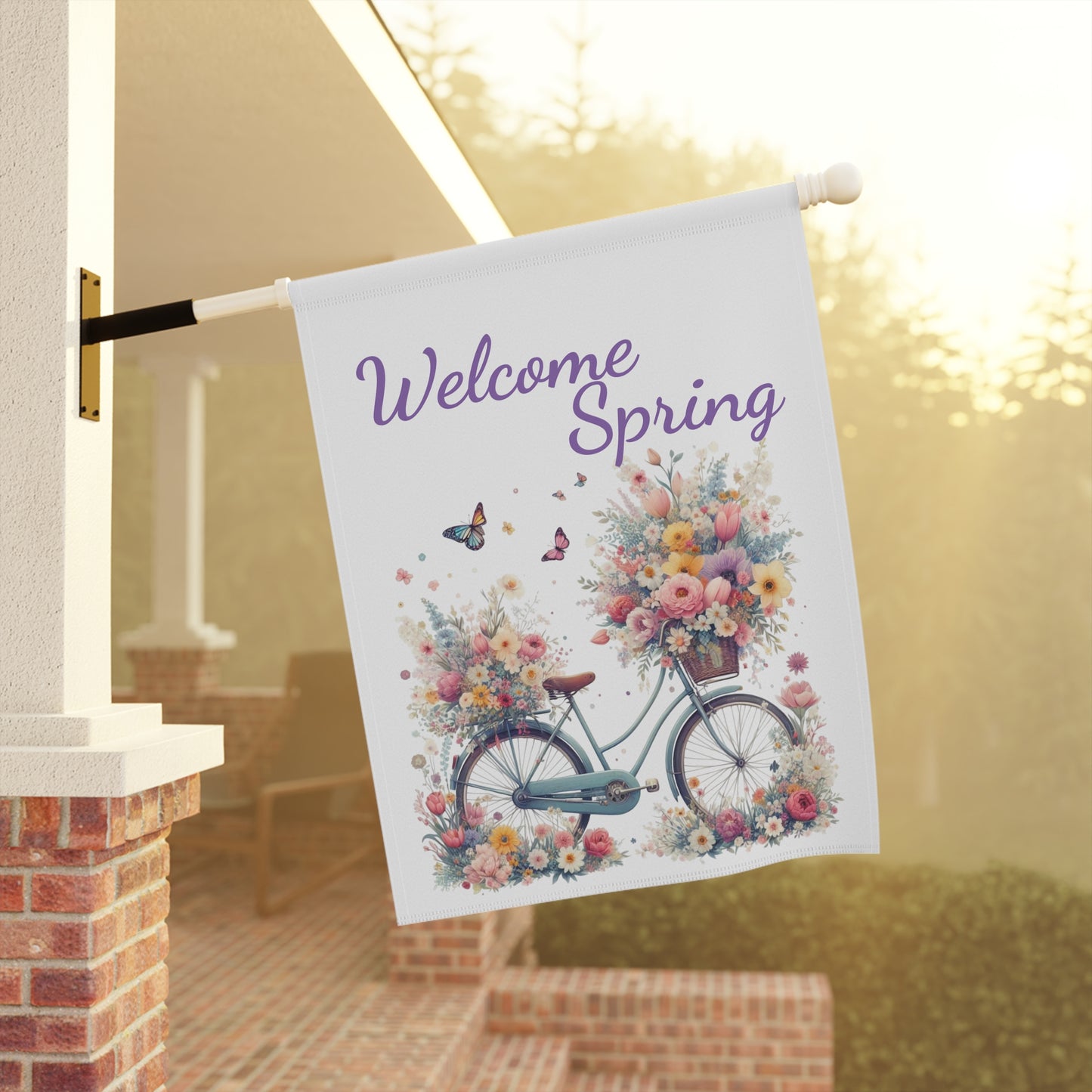 Welcome Spring Garden Flag with Floral Bicycle Design