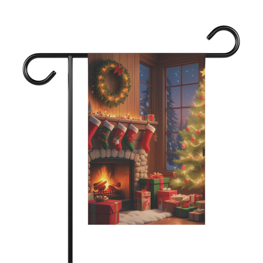 Garden flag depicting a cozy Christmas living room scene with a lit fireplace, stockings hanging on the mantle, a Christmas wreath, a decorated Christmas tree with lights, and wrapped presents on the floor. A snowy outdoor scene is visible through a window.

