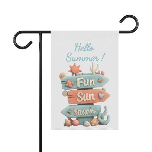 Summer garden flag featuring a pastel-colored wooden signpost with directional arrows reading Fun, Sun, and Snacks, surrounded by coastal coral and starfish under text that reads Hello Summer.