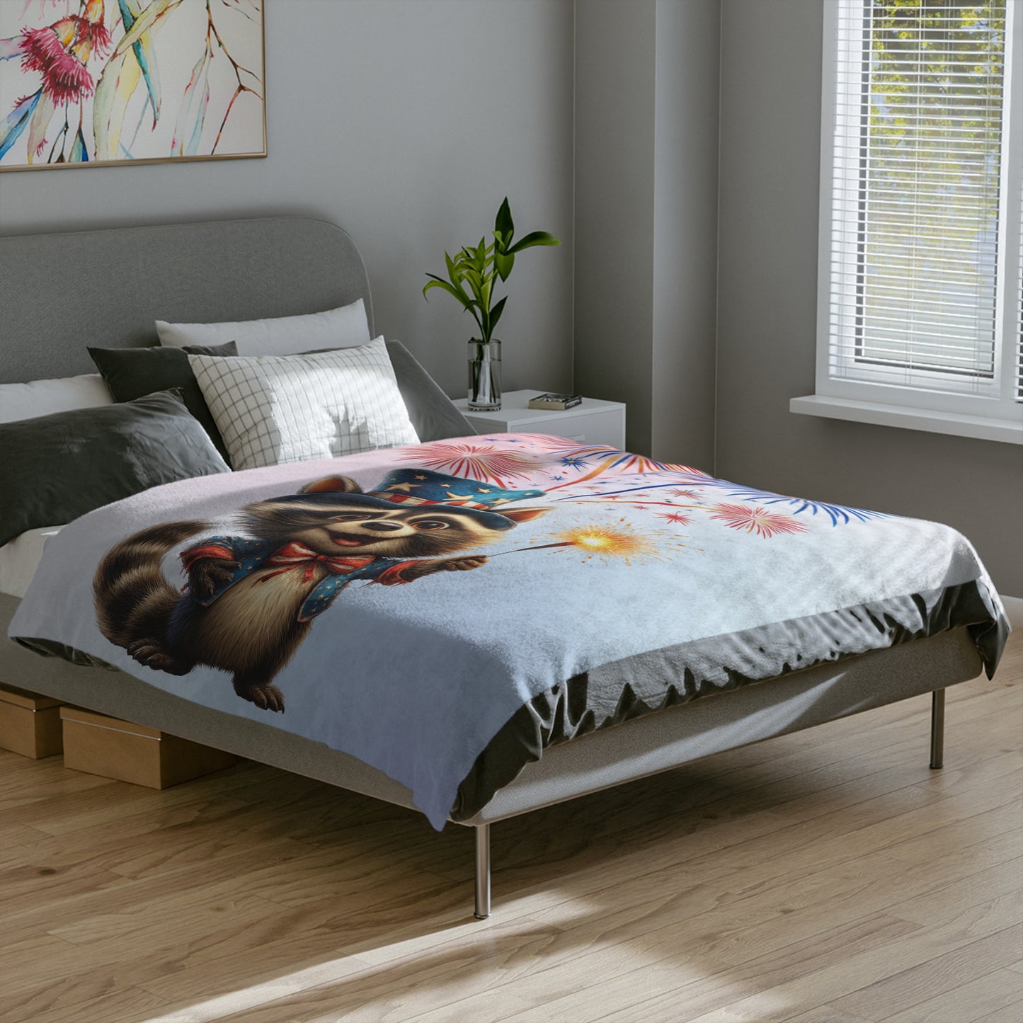 Patriotic Raccoon Fireworks Velveteen Plush Blanket
