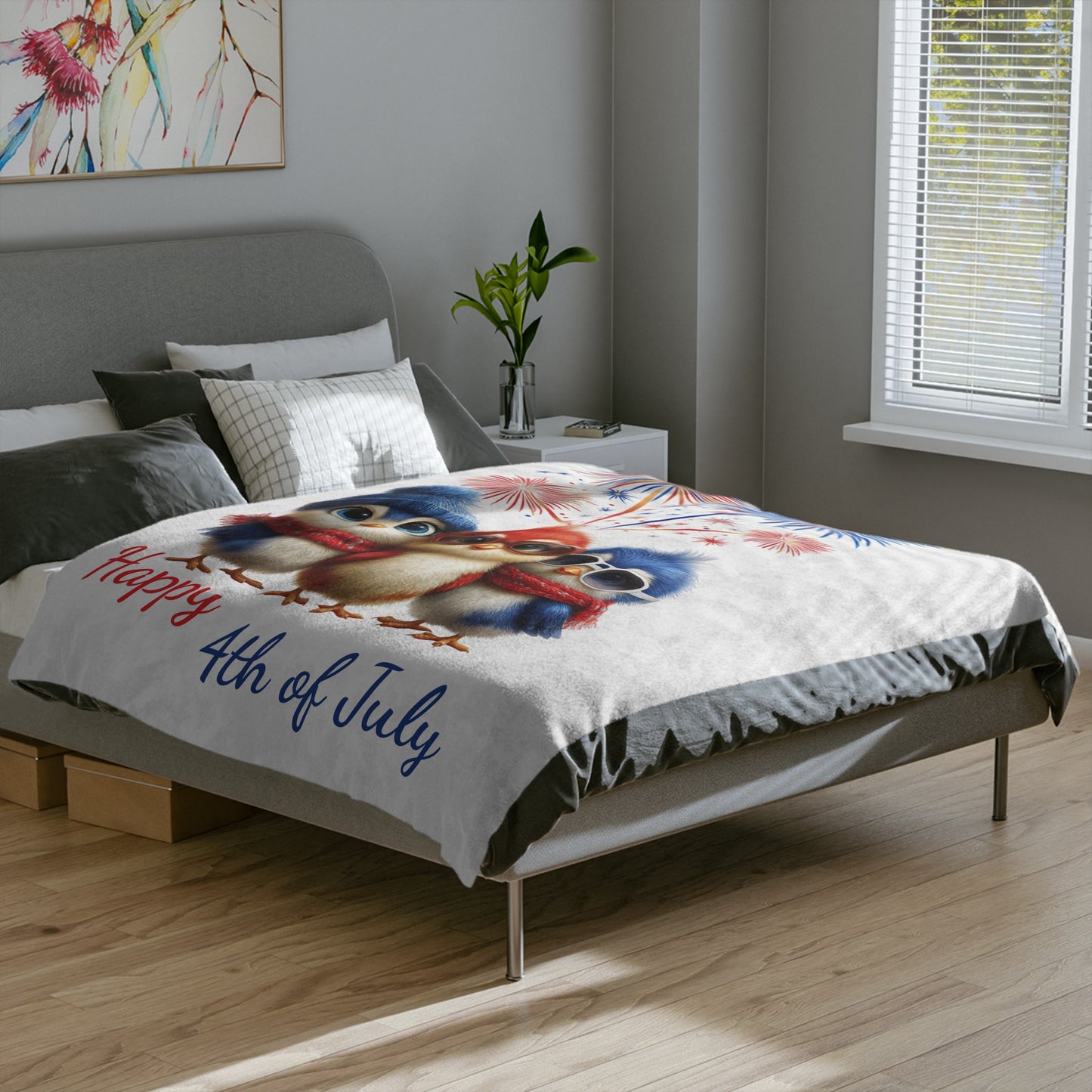 Happy 4th of July Birds Velveteen Plush Blanket