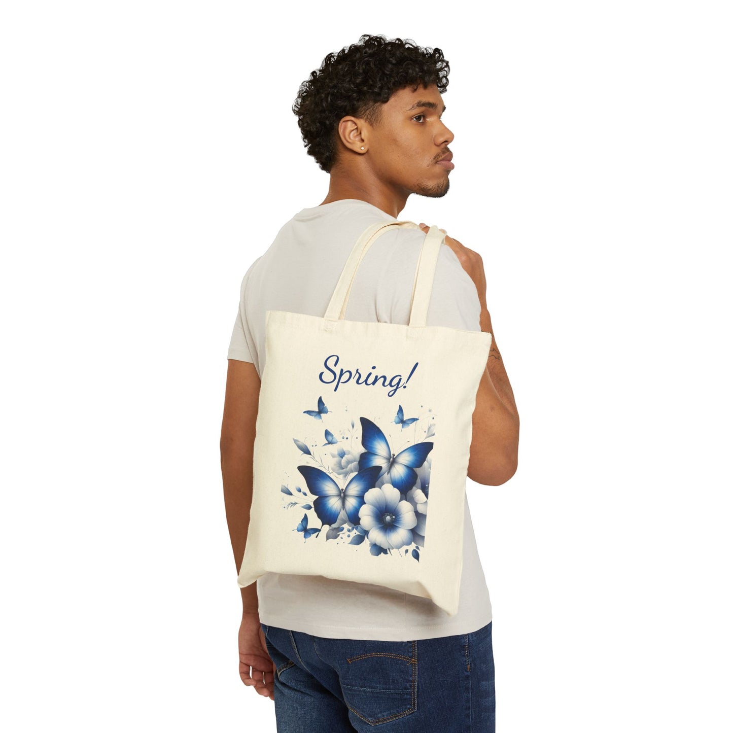 Beautiful  Blue Butterfly & Floral Canvas Tote Bag