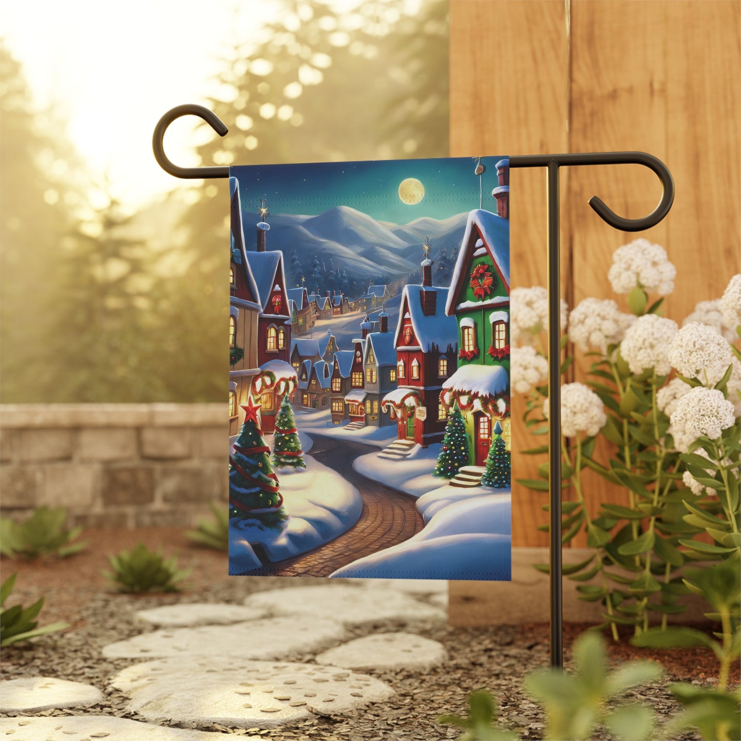 Moonlit Christmas Village Garden Flag