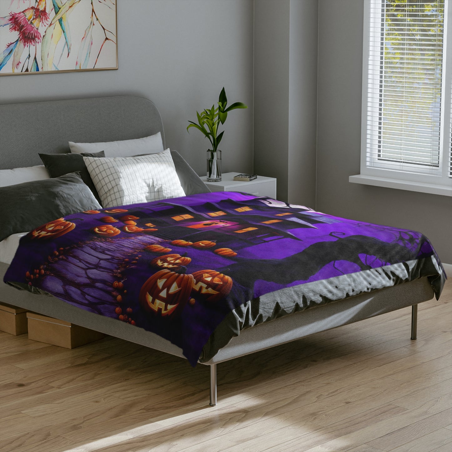 Mystical Purple Haunted House & Pumpkin Path Lightweight Velveteen Blanket