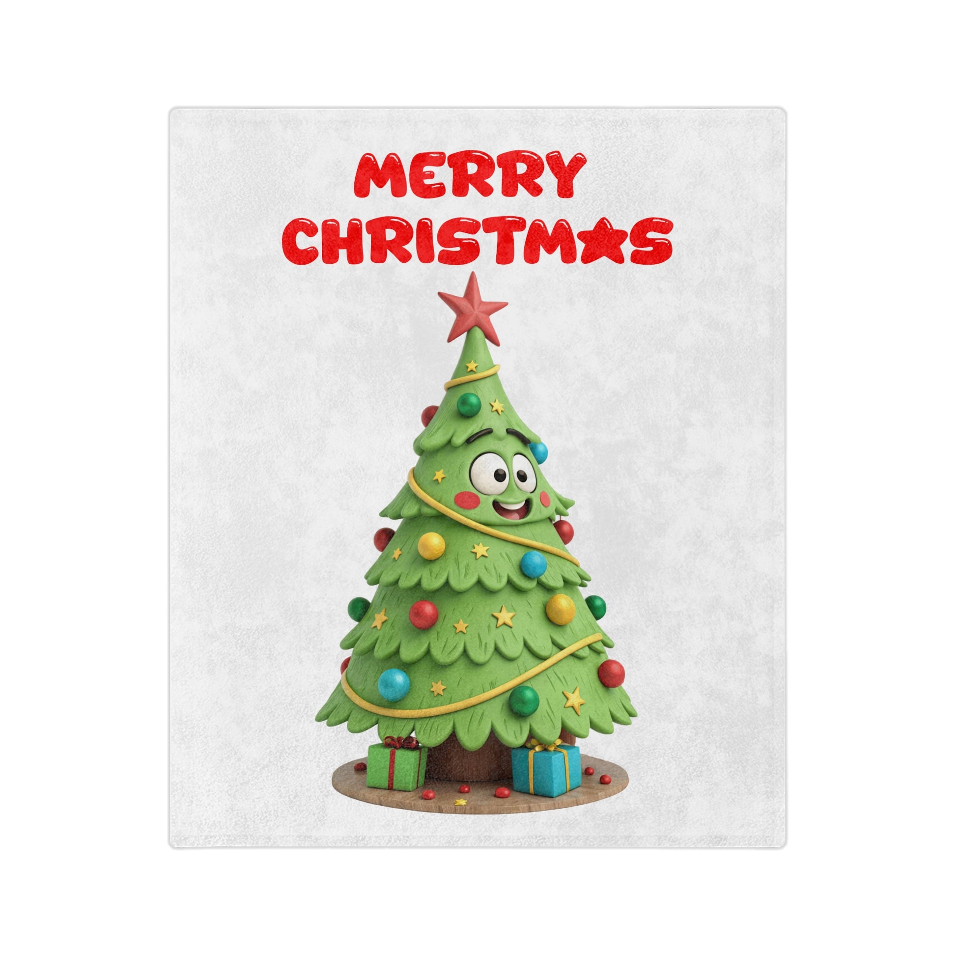 White velveteen blanket with a funny 3D-style illustration of a happy cartoon Christmas tree with googly eyes and a wide smile, decorated with colorful ornaments and presents, with "Merry Christmas" in red text above it.

