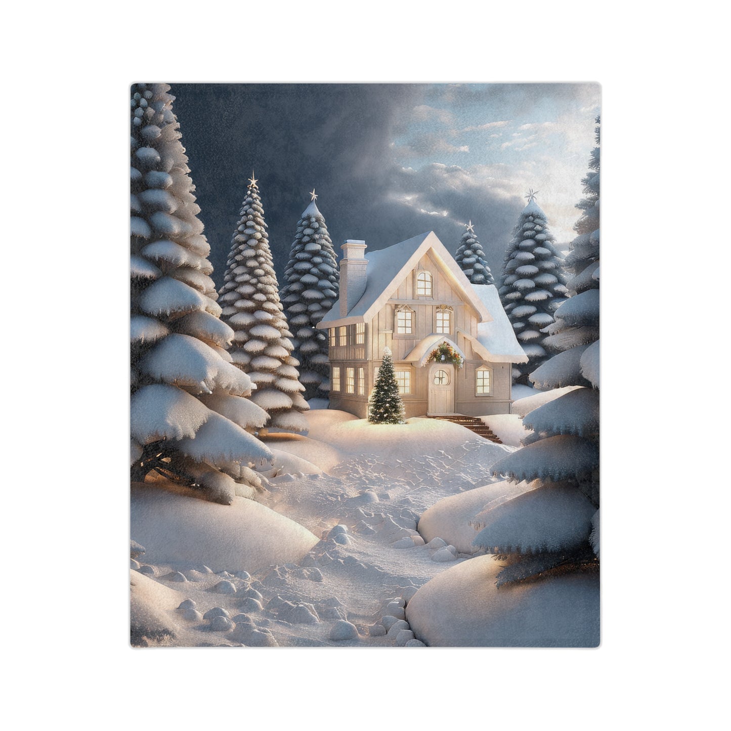 plush blanket featuring a serene snowy Christmas scene with a charming white house, surrounded by snow-covered pine trees and soft light