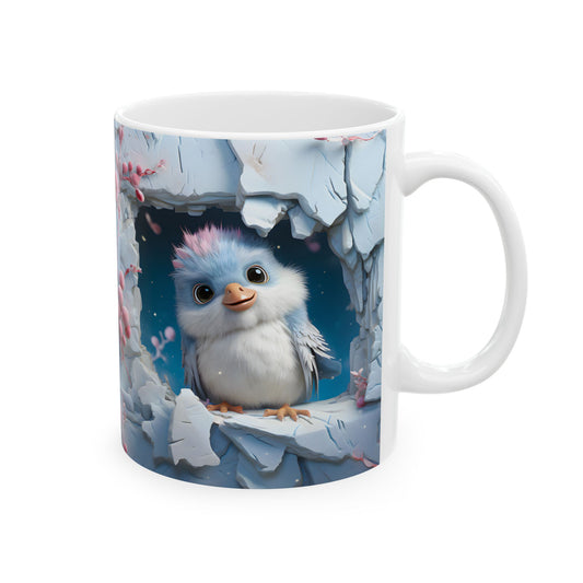 White ceramic coffee mug with a 3D-style illustration of a cute, fluffy blue and white bird with pink highlights on its head, peeking from a textured light-colored opening surrounded by delicate pink leaves/blossoms.