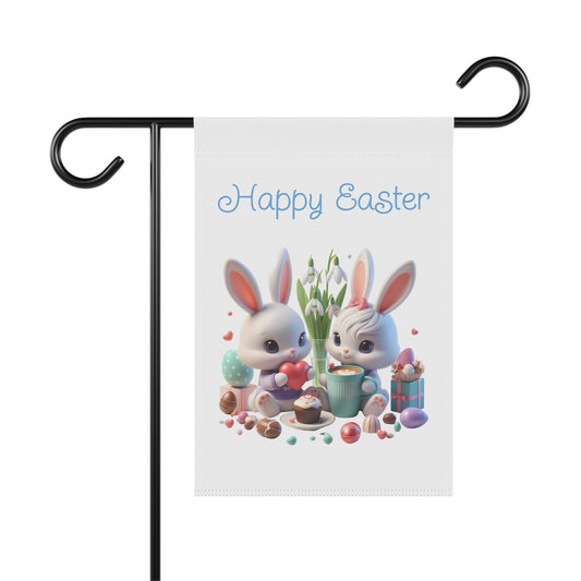 Happy Easter garden flag with a charming illustration of two cute cartoon rabbits surrounded by Easter eggs, a cupcake, and a gift, hanging on a black metal flag holder.

