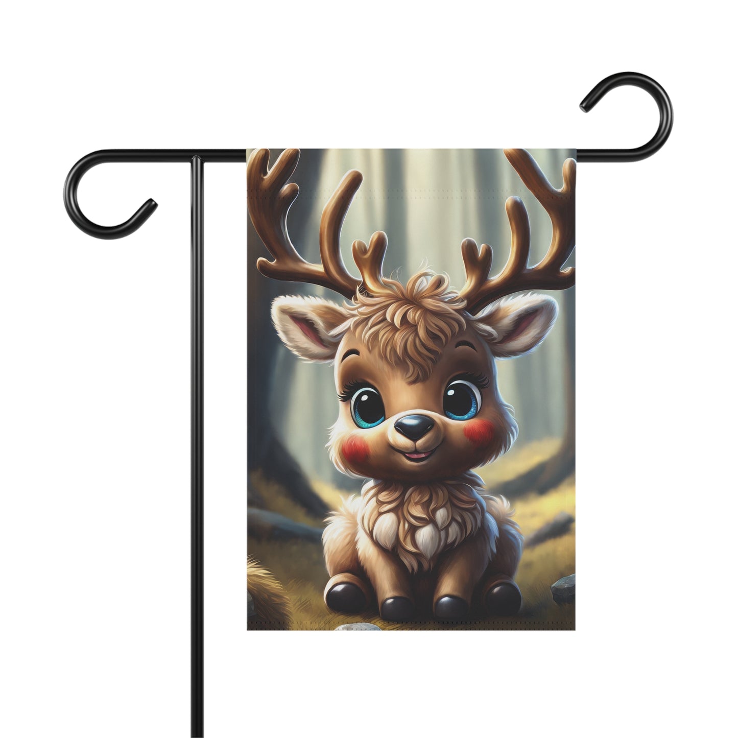 Cute cartoon baby reindeer garden flag with blue eyes, rosy cheeks, and antlers, sitting in a soft focus woodland forest, charming outdoor decor.

