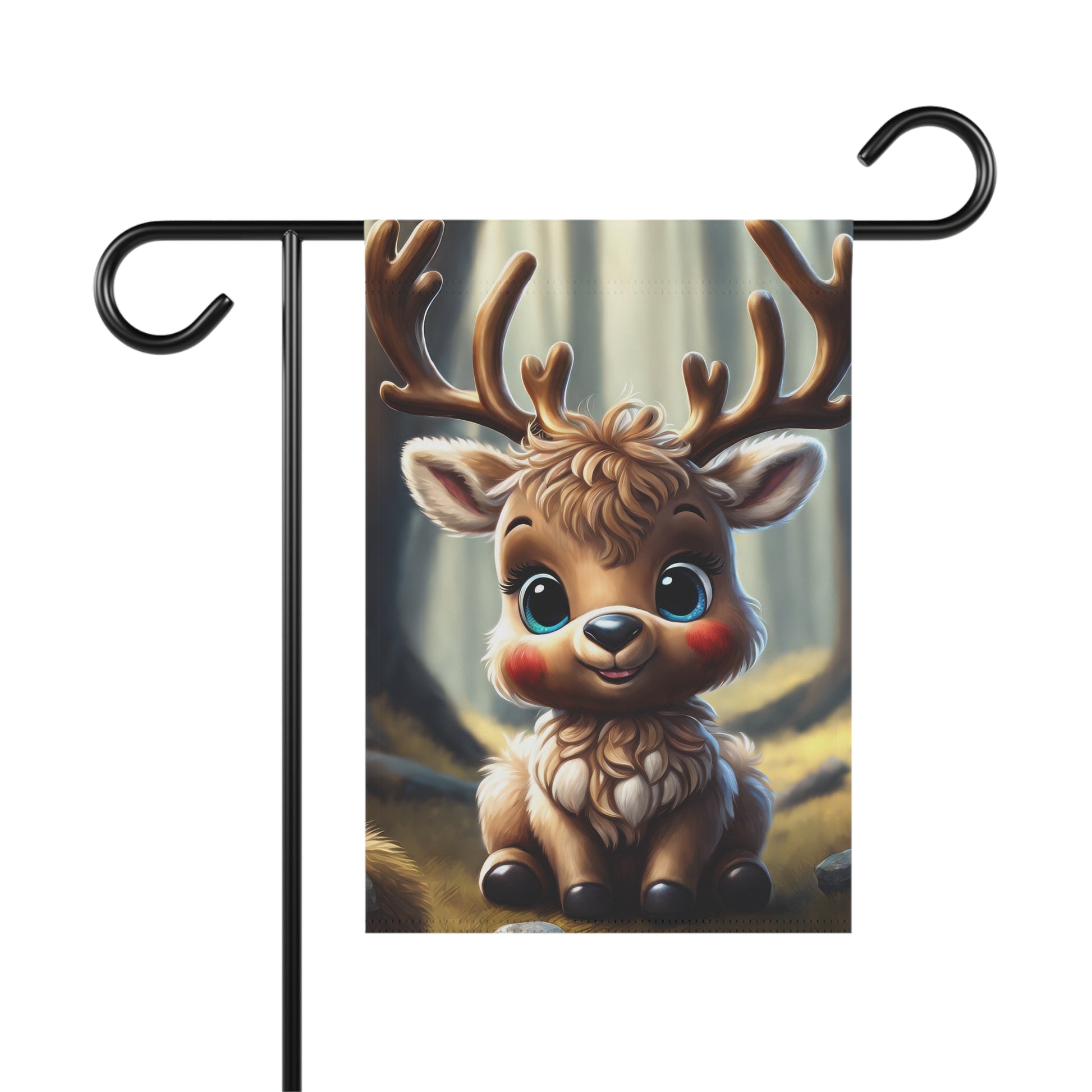 Cute cartoon baby reindeer garden flag with blue eyes, rosy cheeks, and antlers, sitting in a soft focus woodland forest, charming outdoor decor.

