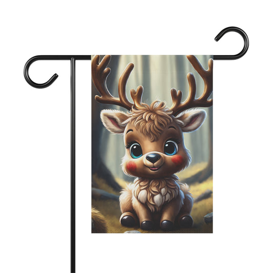 Cute cartoon baby reindeer garden flag with blue eyes, rosy cheeks, and antlers, sitting in a soft focus woodland forest, charming outdoor decor.

