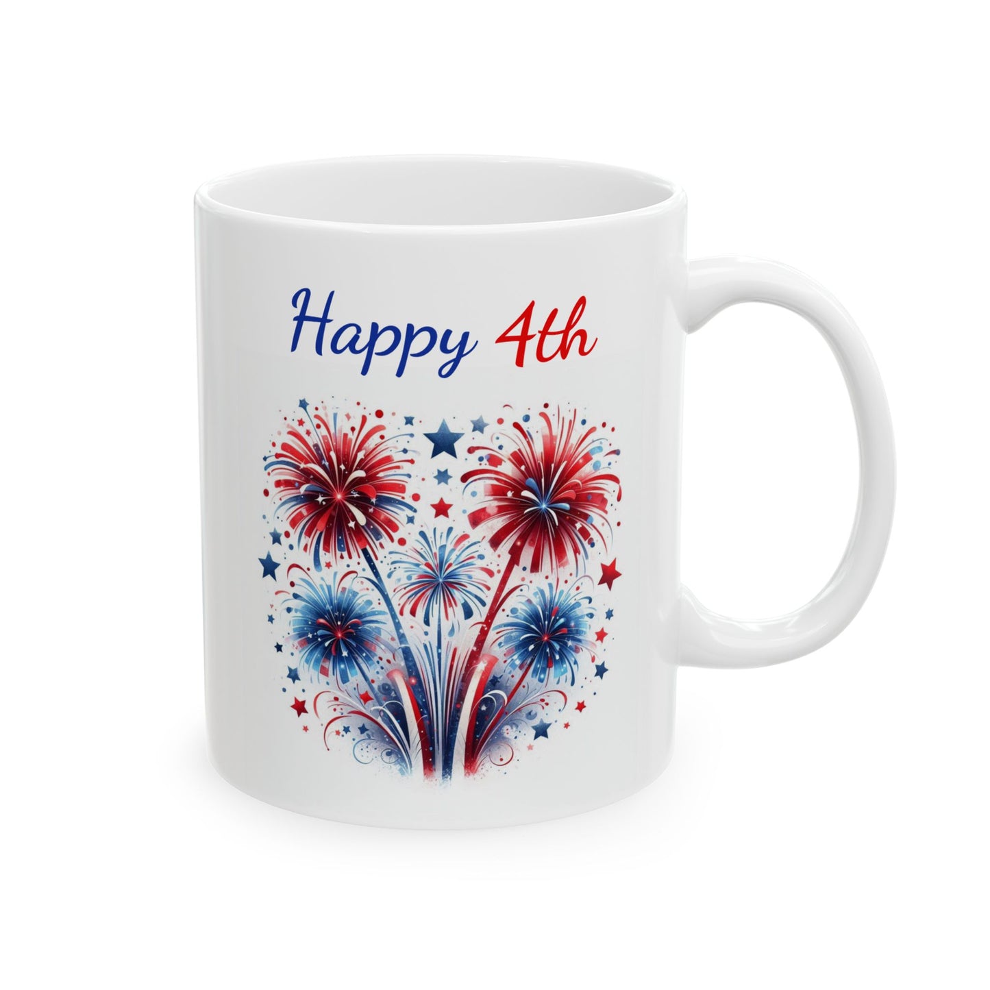 White ceramic coffee mug featuring red, white, and blue fireworks bursting in a heart-shaped arrangement with small scattered stars beneath the blue and red script text Happy 4th.
