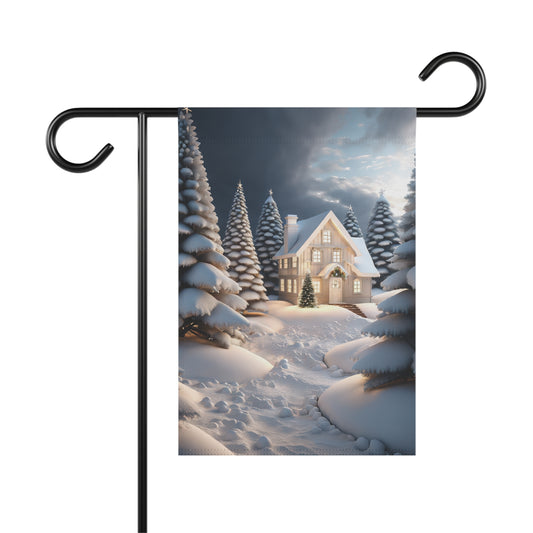 Peaceful snowy cabin garden flag with evergreen trees, a snow-covered path, and warm lights, serene winter wonderland outdoor decor.

