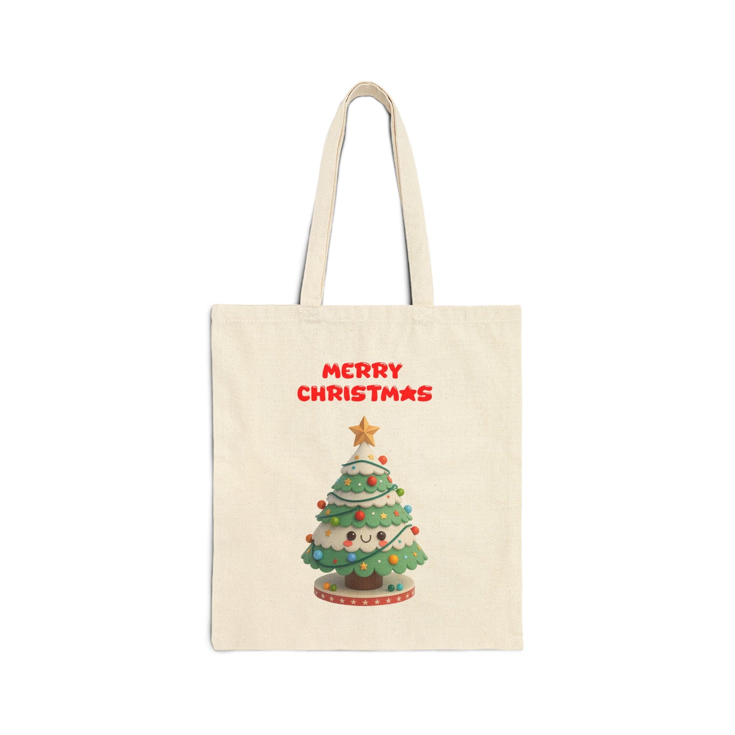 Tote bag with a Christmas tree design and 'Merry Christmas' text on a white background