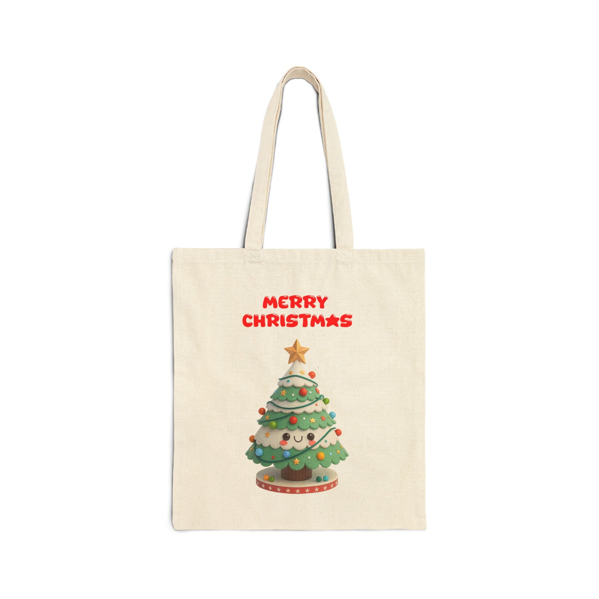 Tote bag with a Christmas tree design and 'Merry Christmas' text on a white background