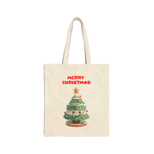 Tote bag with a Christmas tree design and 'Merry Christmas' text on a white background