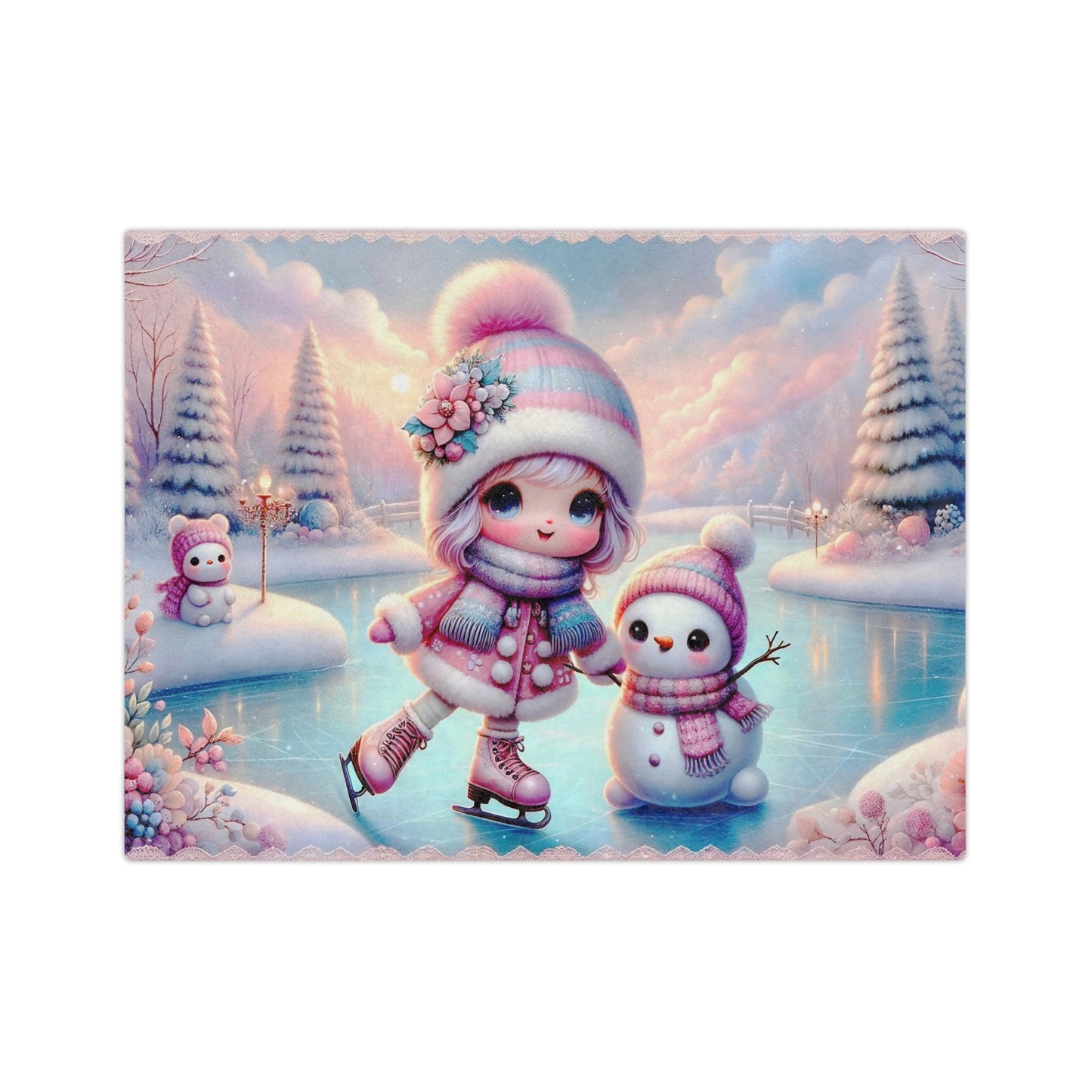 Precious Girl & Snowman Ice Skating Velveteen Blanket