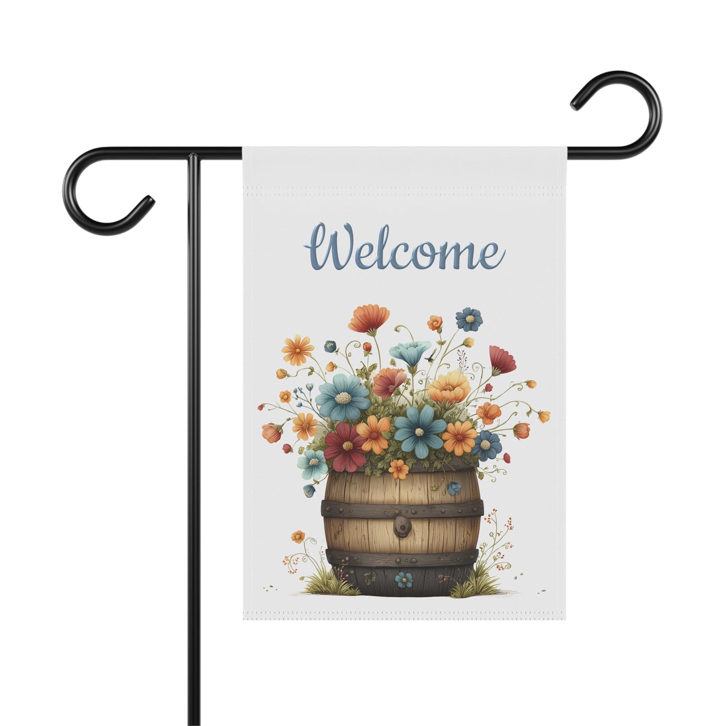 Whimsical mushroom garden flag featuring blue flowers and a butterfly under soft blue Welcome text