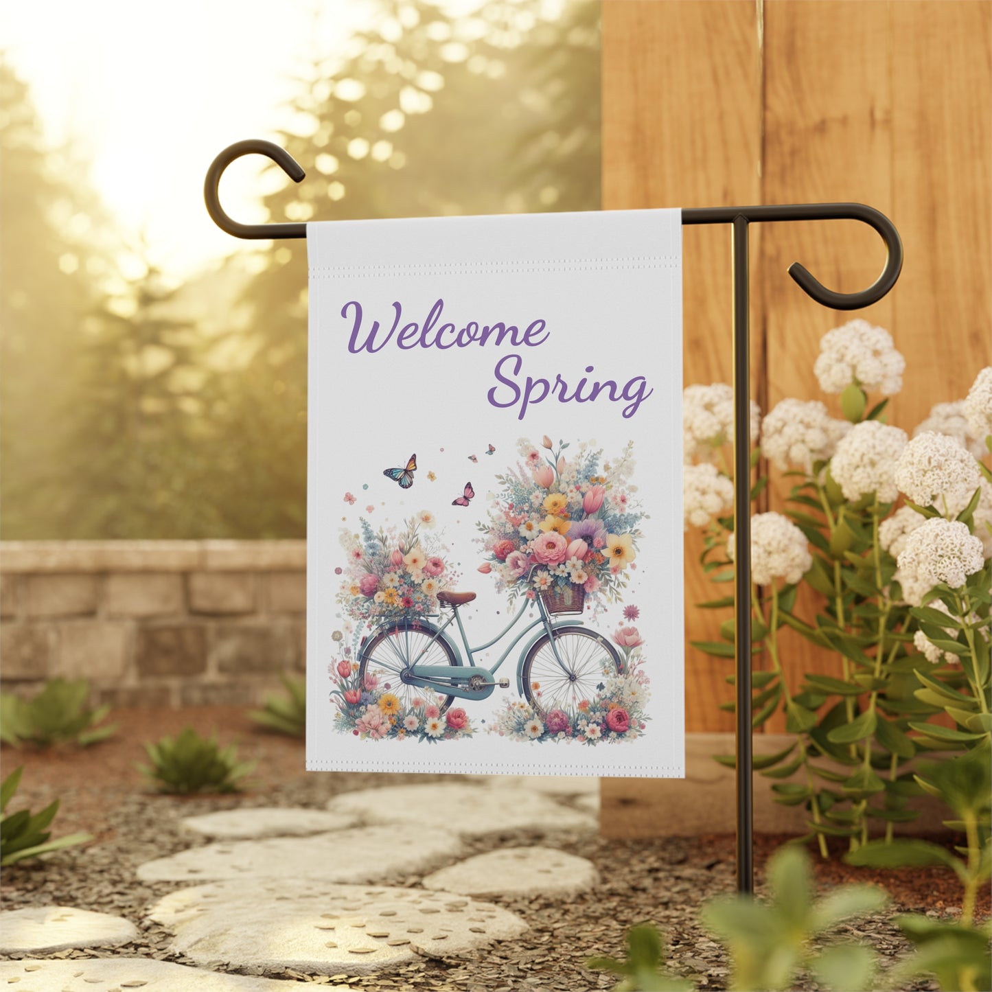 Welcome Spring Garden Flag with Floral Bicycle Design