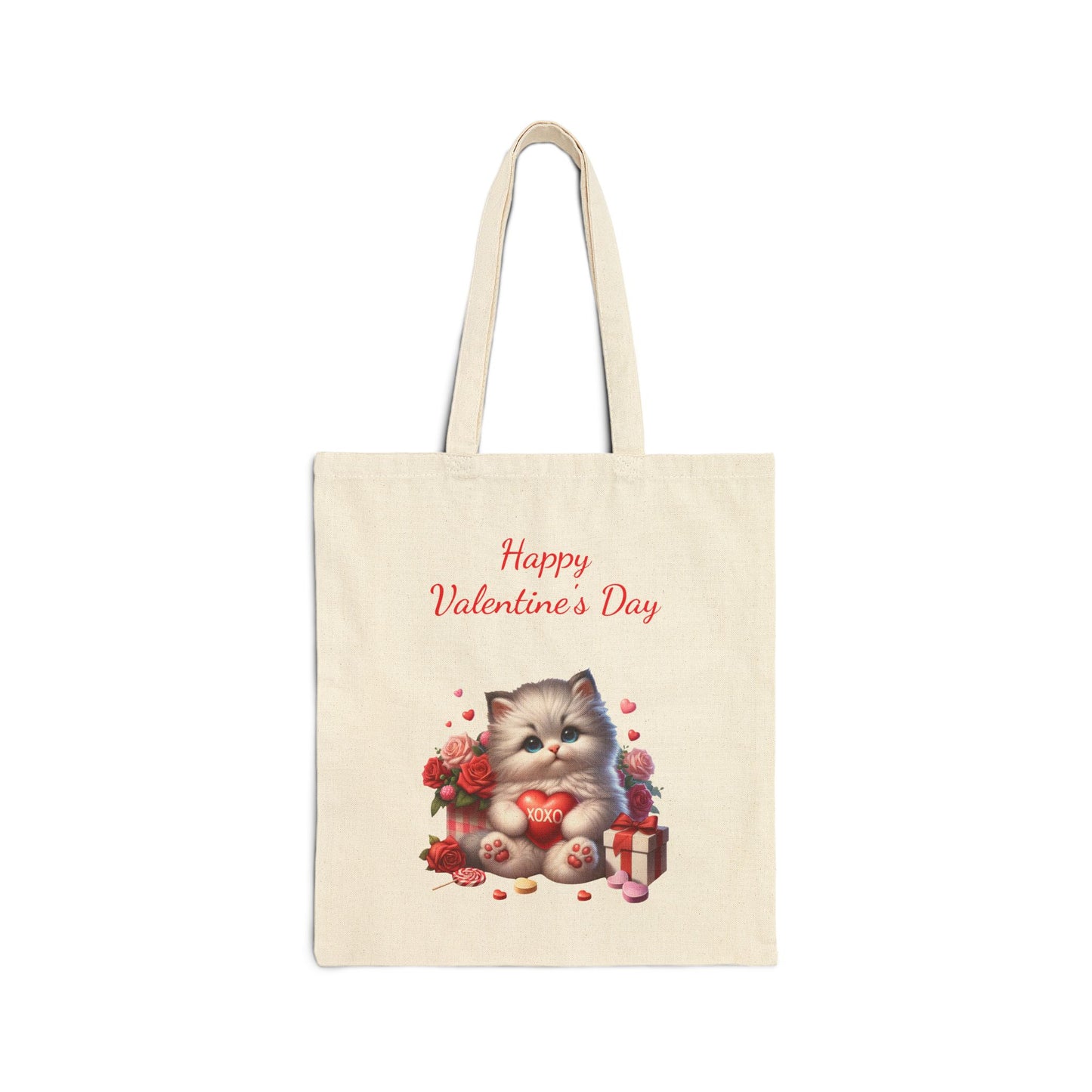 Canvas tote bag with a "Happy Valentine's Day" print featuring a cute kitten holding a heart, surrounded by roses and a gift box.

