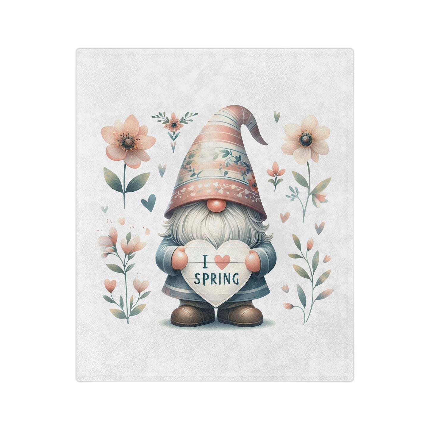 A soft "I Love Spring" velveteen blanket featuring a watercolor illustration of a gnome holding a heart, surrounded by delicate flowers.

