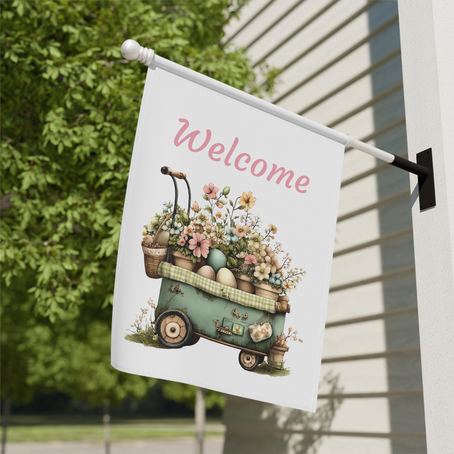 Vintage Flower Wagon Welcome Flag