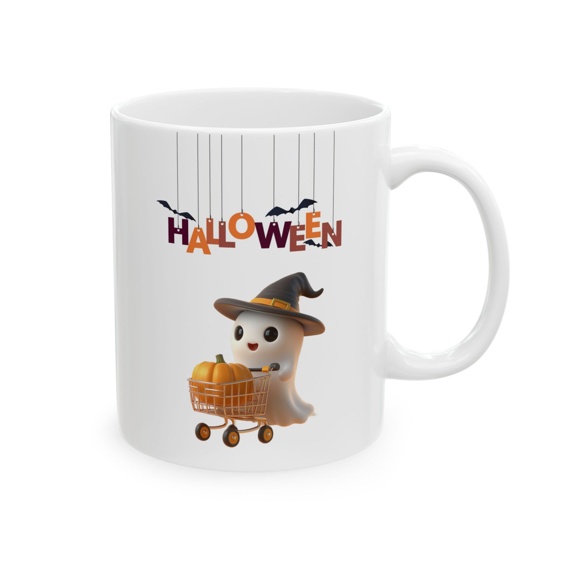 White ceramic coffee mug with a cute cartoon ghost wearing a black witch hat, pushing a miniature shopping cart with an orange pumpkin inside, and hanging orange and purple letters above that spell 'HALLOWEEN' with black bats