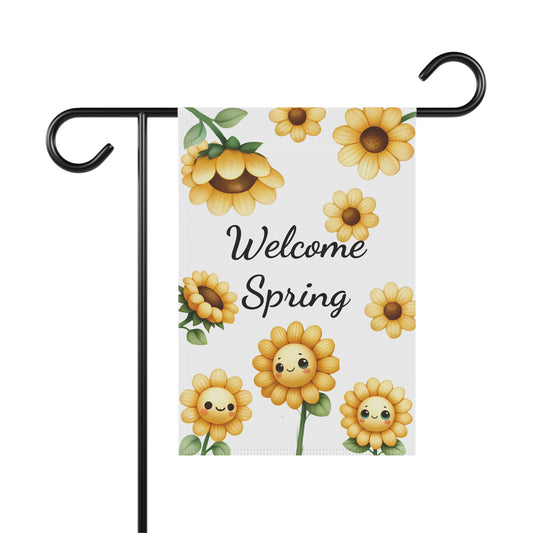 Welcome Spring garden flag with smiling cartoon sunflower faces and yellow daisy flowers, cheerful outdoor yard decoration for spring